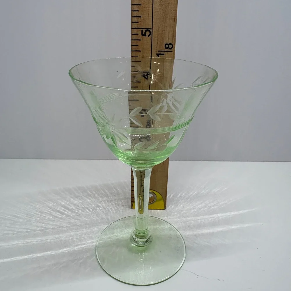 Vintage Etched Floral Uranium Glass Cocktail Martini Glass Green Glow 4.25